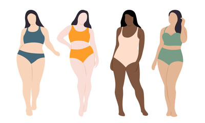 Women swimsuits plus size model. Curvy faceless woman in bikini vector set.