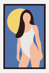 Woman model in swimsuit bikini portrait. Female body in one piece swimsuit. Design for print and poster.