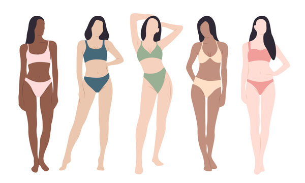 Set of slim woman in bikini. Female body in swimsuit vector illustration. International and interracial women model in underwear.