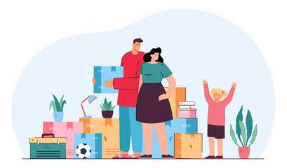 Family with kid moving to new house flat vector illustration. Happy mother, father and daughter standing at home among cardboard boxes. Delivery, apartment interior concept