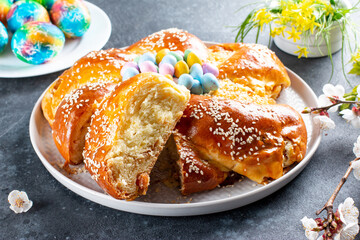 Happy Easter. Easter braided bread and Easter eggs