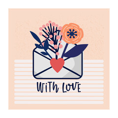 Vector illustration of a flower arrangement in an envelope. in pastel colors. Flowers with vase and lettering composition. For Valentine's Day. Poster for the interior, postcard. In hand-drawn style