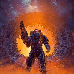 Futuristic space portal hero - 3D illustration of heroic military science fiction soldier silhouetted against giant alien structure in outer space © grandeduc