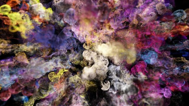Color Burst - Multiple colorful smoke powder explosion fluid ink particles slow motion alpha matte isolated on black. Cg, slow motion, alpha channe, 4k.