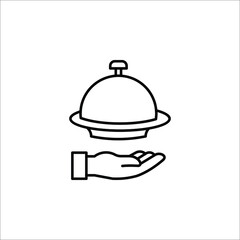 Restaurant Platter icon. Covered food tray on a hand of hotel room service vector icon on white background