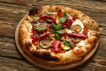 pizza vegetables tomato, onion, pickles, mushrooms, etc. vegan or vegetarian food ready to eat no meat portion on the table for healthy meal snack outdoor top view copy space food background rustic