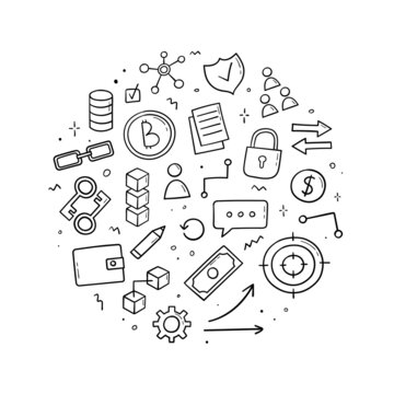 Hand drawn doodle set of blockchain theme items. Round composition. Sketch style. Cryptocurrency, electronic commerce concept. Vector illustration.