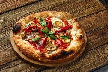 pizza vegetables tomato, onion, pickles, mushrooms, etc. vegan or vegetarian food ready to eat no meat portion on the table for healthy meal snack outdoor top view copy space food background rustic