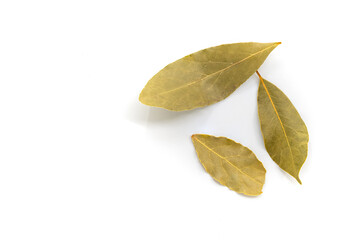 Naklejka premium Top view image of organic Bay leaves on white background, flat lay design with blank space for text. Close up dried Bay leaves in details line on its skin