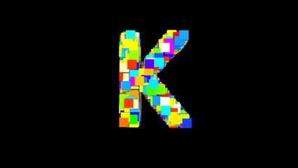 Letter K. 3D Bright colored uppercase large letter of the alphabet K on an empty black background isolate. Color font