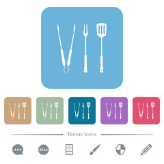 Barbecue tongs and fork and spatula solid flat icons on color rounded square backgrounds