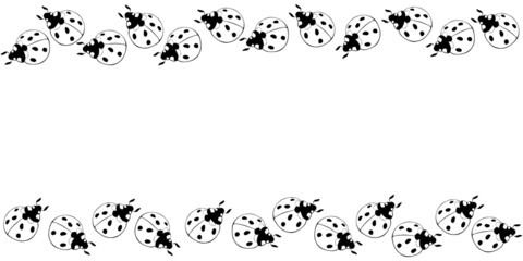 Vector hand drawn border, frame of outline cute ladybugs in doodle style. Horizontal top and bottom edging, decoration for Natural design, kids theme