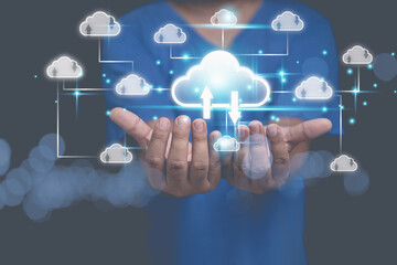 A Man holding cloud computing on hands. Security database and cloud networking, Technology of business to the future. Protection cyberspace for uploading and downloading.