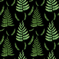 Fern branch seamless watercolor pattern. Hand drawn botanical illustration. Endless texture with fern foliage on a black background. Green leaves wallpaper. For printing on fabric and wrapping paper.	