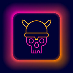 Glowing neon line Skull with viking helmet icon isolated on black background. Happy Halloween party. Colorful outline concept. Vector