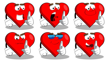 Heart Shape with pointing at the viewer with his hand as a cartoon character, funny red love holiday illustration.