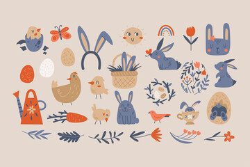 Big vector collection with Easter theme elements. Eggs, bunnies, flowers, chicks etc. Spring vector illustration