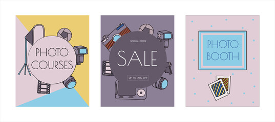 Vector photo cameras sketch banners. Hand drawn style. Different types of cameras in retro and modern style. Doodle accessories for photographers. Flash, lens, light, lens