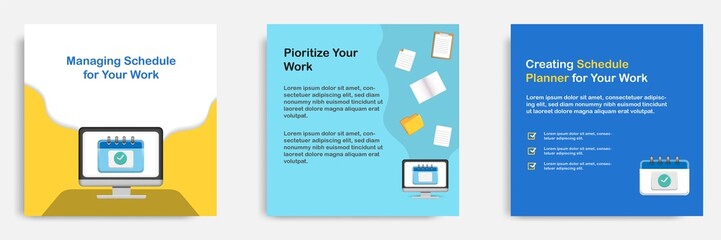 Social media informative post banner template design in 3D cartoon style, desktop app schedule reminder concepts with multicolor.