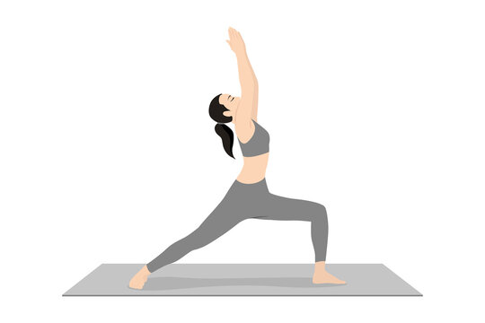 Warrior Pose I. Beautiful girl practice Virabhadrasana I. Young attractive woman practicing yoga exercise. working out, black wearing sportswear, grey pants and top, indoor full length, calmness