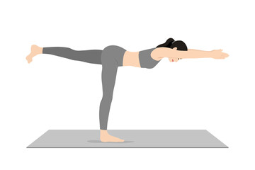 Warrior Pose III. Beautiful girl practice Virabhadrasana III. Young attractive woman practicing yoga exercise. working out, black wearing sportswear, grey pants and top, indoor full length, calmness