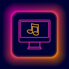 Glowing neon line Computer with music note symbol on screen icon isolated on black background. Colorful outline concept. Vector