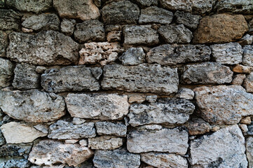 Old wall of stone shell rock of arbitrary shape. Background with wall from shell rock material