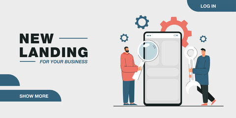 Tiny men doing maintenance on giant smartphone. Flat vector illustration. Men setting up mobile electronic device with magnifying glass, wrench. Software, repair, equipment, technology concept