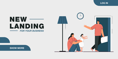 Mom and daughter saying goodbye to husband and father. Flat vector illustration. Woman and little girl sad because of man leaving house with suitcase. Divorce, work, love, family, separation concept