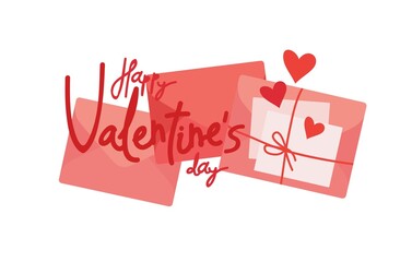 Postal red and pink envelopes with a declaration of love. Hand lettering happy Valentine's Day. Vector isolated colorful element. 