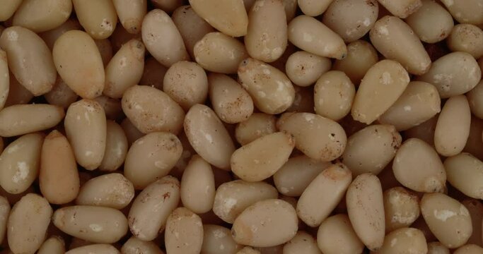Top view of shelled pine nuts rotating. Closeup. Macro.