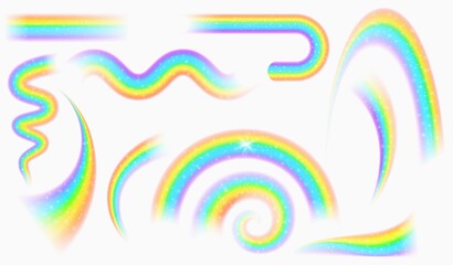 Realistic magic rainbow waves with stars and sparkle effect. Fantasy good luck rain arch. Rainbow colored shape, curve and spiral vector set