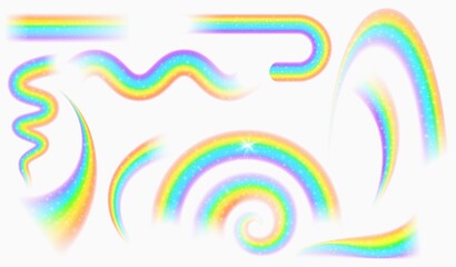 Fototapeta premium Realistic magic rainbow waves with stars and sparkle effect. Fantasy good luck rain arch. Rainbow colored shape, curve and spiral vector set