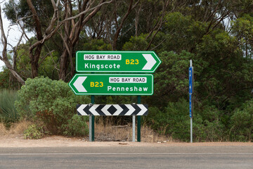 Australian Road Sign Kangaroo Island Kingscote Penneshaw Hog Bay Road direstions at American River turn out