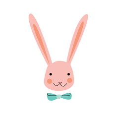 Bunny with a bow. Cute cartoon rabbit head. Easter vector illustration.