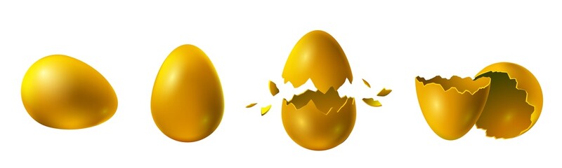 Realistic broken and exploded easter golden chicken eggs. Surprise egg gift with gold eggshell. Luxury, money and success concept vector set