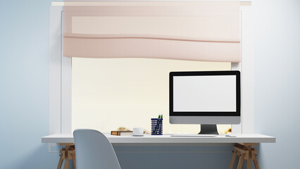 Close up view of creative workspace with blank screen computer, supplies, and copy space on white table with light blue wall, 3D Rendering