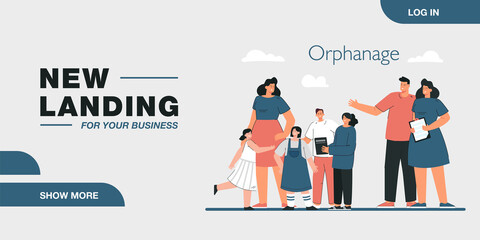 Young married couple visiting orphanage. Husband and wife looking at group of children flat vector illustration. Family, parenting, adoption concept for banner, website design or landing web page