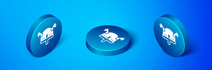 Isometric Viking in horned helmet icon isolated on blue background. Blue circle button. Vector