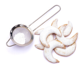 Traditional German or Austrian Vanillekipferl vanilla kipferl cookies isolated on white background