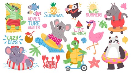 Cartoon kid animal summer vacation activity at beach. Koala surfer, flamingo and elephant swim on inflatable ring. Tropical party vector set - obrazy, fototapety, plakaty