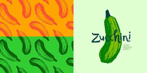 Vector zucchini pattern seamless. Hand drawn courgettes drawings, zucchinis illustrations. Vegetarian restaurant banner. Botanical ornament. Vegetable backdrop for organic label. Squash wallpaper.