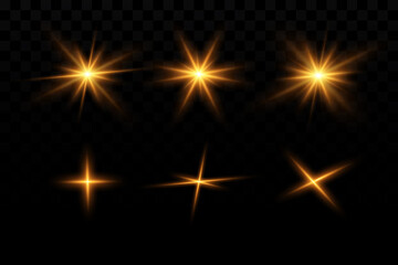 Light effect. Golden bright star, yellow sun. Starlight, shining light.