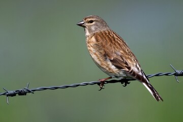 Ein weiblicher Bluthänfling (Carduelis cannabina) auf einem Drahtzaun.