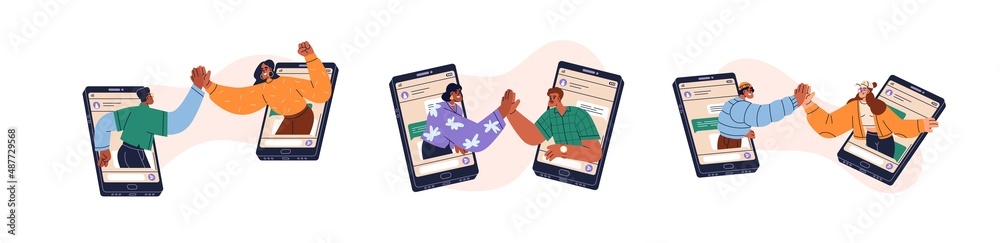 Poster friends greeting with high-five, hi gesture from mobile phone. virtual meeting, remote conversation 