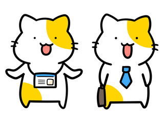 会社員なかわいいねこのキャラクターの手書き風イラストセット