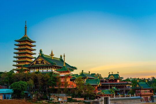 Minh Thanh pagoda, a majestic Buddhist architectural structure in Pleiku city in Vietnam, with unique architecture portraying the philosophy of Vijayanagar Buddhism