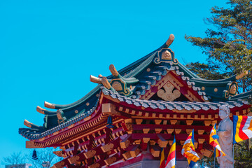 Fototapeta premium Minh Thanh pagoda, a majestic Buddhist architectural structure in Pleiku city in Vietnam, with unique architecture portraying the philosophy of Vijayanagar Buddhism