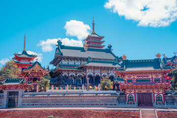 Minh Thanh pagoda, a majestic Buddhist architectural structure in Pleiku city in Vietnam, with unique architecture portraying the philosophy of Vijayanagar Buddhism