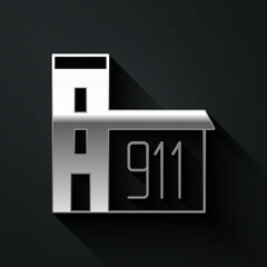 Silver Building of fire station icon isolated on black background. Fire department building. Long shadow style. Vector